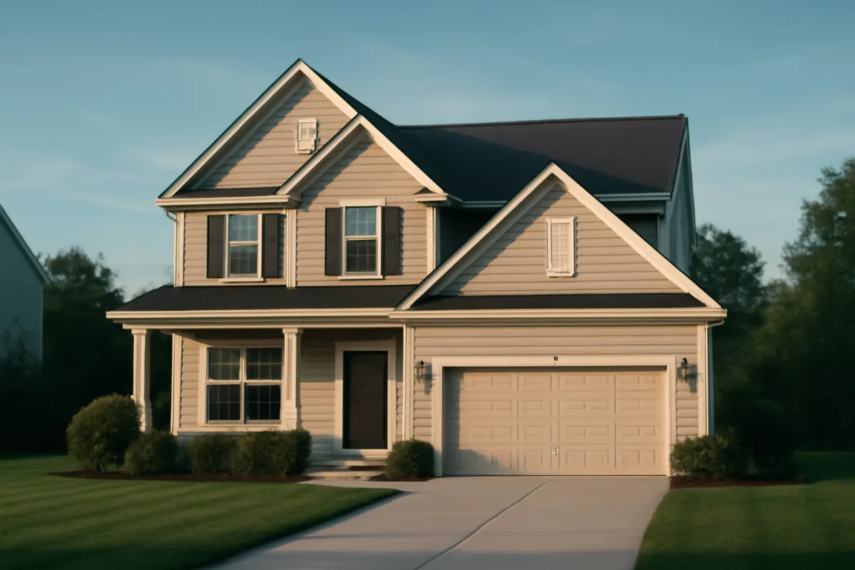 A two-story cream-colored house with a dark gray roof, black shutters, a covered front porch, a white attached garage door, a concrete driveway, and a landscaped lawn under a clear blue sky