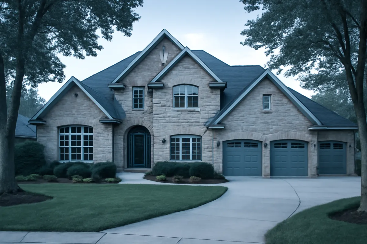 A large two-story stone and brick house with a steep dark roof, three blue garage doors, mature trees, and a curved driveway, photographed at dusk