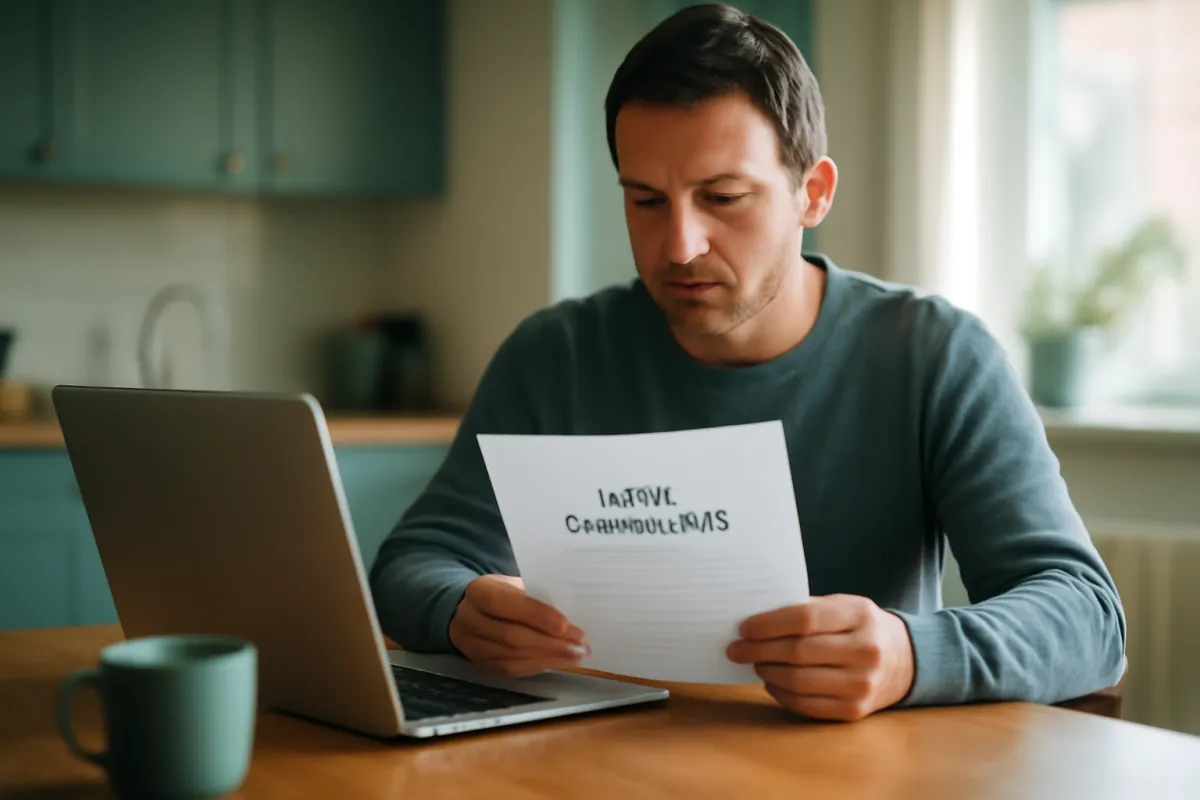 A man at a kitchen counter holding a printed page with an illegible heading while typing on an open laptop, with a mug of coffee and teal cabinets behind him