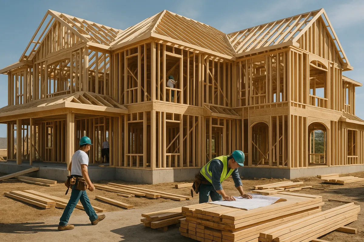 A two-story house under construction with its wood frame exposed and a visible gray concrete foundation at ground level, two construction workers in hard hats in the yard beside stacked lumber and a set of blueprints