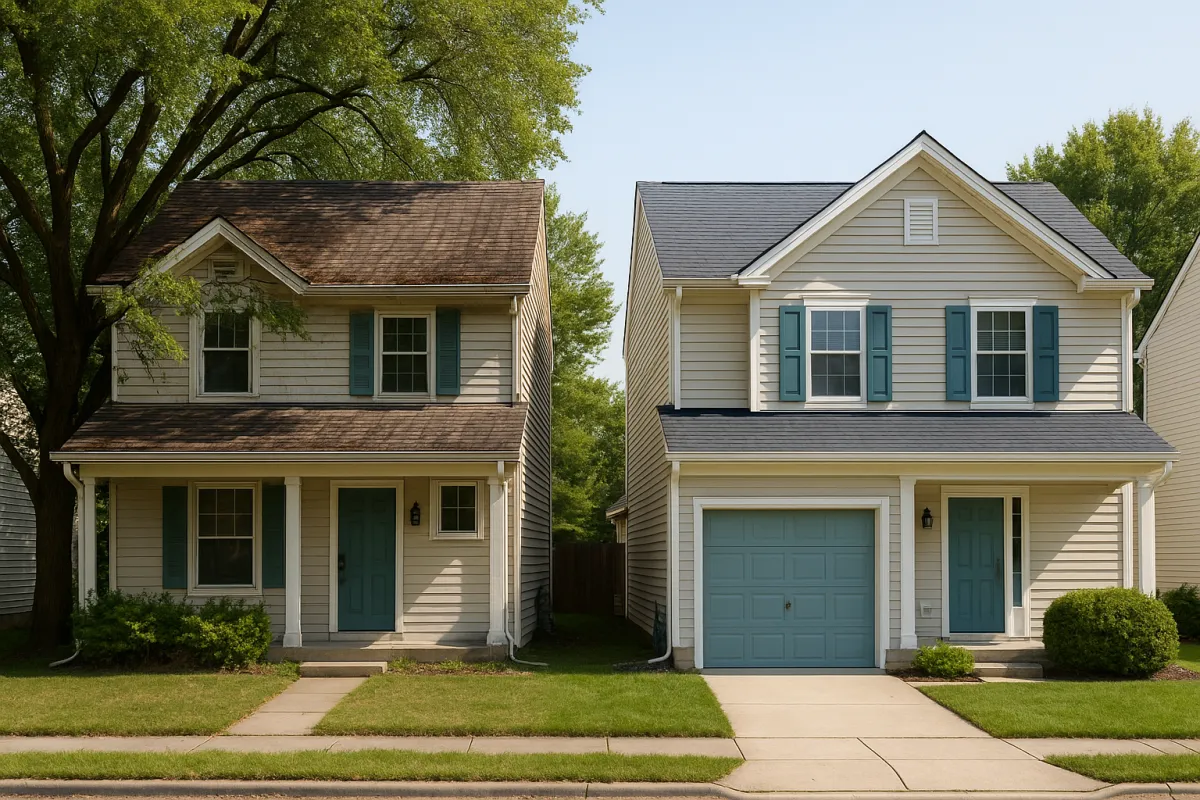 Two houses side by side on a street, the left one older with a weathered brown shingle roof and faded siding, the right one newer with a dark gray roof and cream vinyl siding