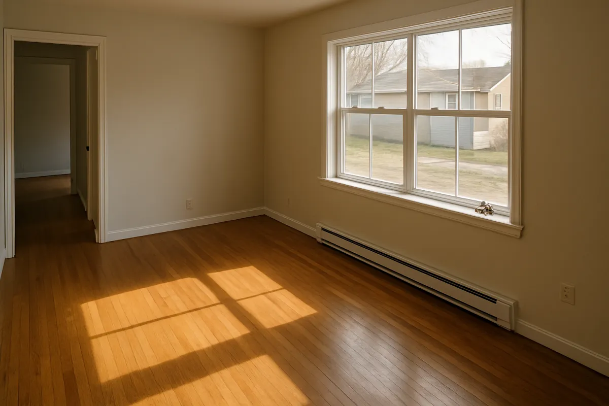 An empty, unfurnished room with hardwood floors, white baseboard heating, and a large window looking out toward a neighboring house across a lawn and driveway
